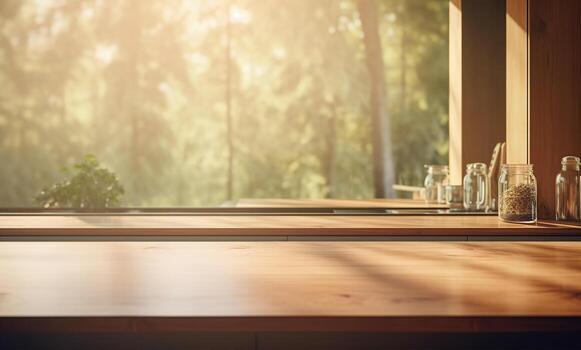 Empty brown wooden table and blur background. Created with Generative AI photo