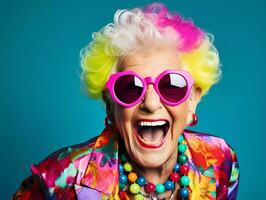 AI Generated Happy and funny cool old grandmother with fashionable clothes portrait on neon background. photo