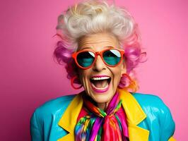 AI Generated Happy and funny cool old grandmother with fashionable clothes portrait on neon background. photo