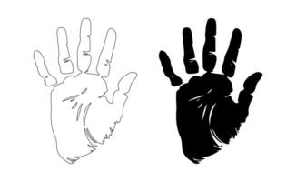 Human handprint. Adult handprint. Human fingers and palm of hands. Silhouette, outline. Icon. Vector isolated on white. For design, print, textile, postcard, poster. Ink stain.