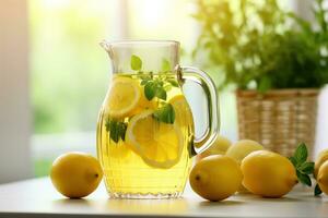 Citrus lemonade in a jug on a table in the kitchen. Lemons and mint, vase with flowers. Generated by artificial intelligence photo