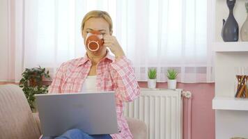 frio mulher às casa bebendo café e usando computador portátil. video