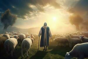 Shepherd guiding sheep. Generate Ai photo