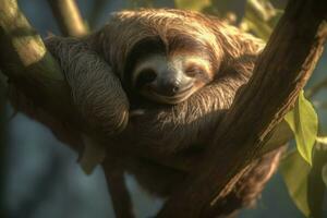 Sleeping smiling sloth on tree branch. Generate Ai photo