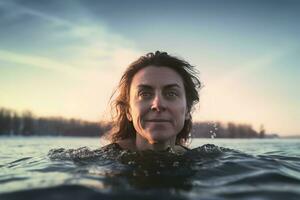 Mature woman lake swim outdoor nature. Generate Ai photo