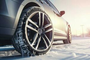 New car winter tire at morning sun. Generate Ai photo