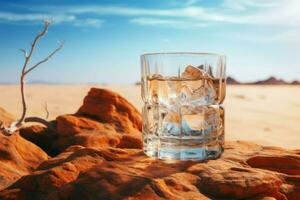 Mirage-like Cold water glass in desert. Generate Ai photo