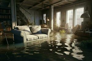 Damp Flooded flat interior room. Generate Ai photo