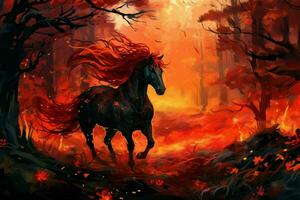 Fantastical Fire horse in night forest. Fog fantasy night photo