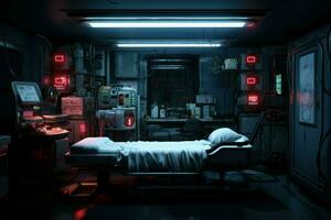 desordenado cyberpunk médico habitación espacio. generar ai foto