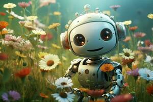 Petite Cute robot girl with flowers. Generate AI photo