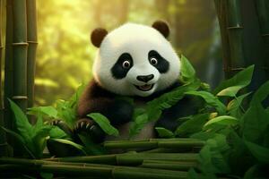 Playful Cute panda with bamboo nature. Generate Ai photo