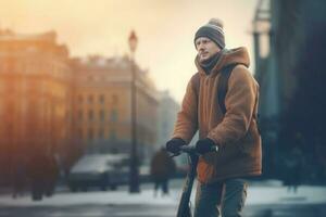 masculino conductor en eléctrico scooter montando en el invierno estación. generar ai foto