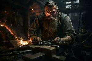 Determined Blacksmith strong man forge. Generate Ai photo