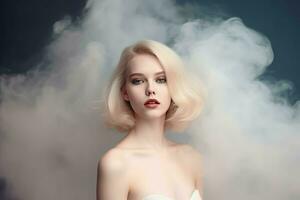 Blonde woman in smoke cloud. Generate ai photo