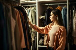 Woman choosing clothes from large wardrobe at morning. Generate Ai photo