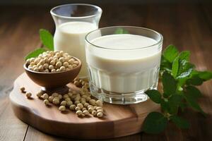 Soy milk and soy bean on wooden background. Healthy eating concept. Generated by artificial intelligence photo