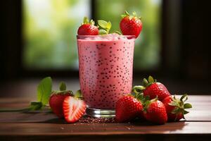 A glass of fresh strawberry milkshake, Strawberry smoothie with chia seeds and mint. Healthy food and drink concept. Generated by artificial intelligence photo