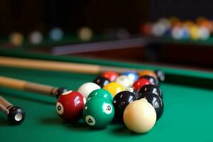 Many colorful billiard balls and cue on green table. Generate Ai photo