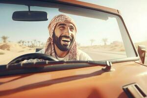 Cheerful middle eastern man in old retro car. Generate ai photo