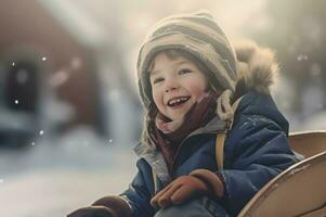 Smiling kid sledding snow outdoor nature. Generate Ai photo