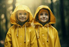 Funny twin sister in yellow raincoats. Generate ai photo