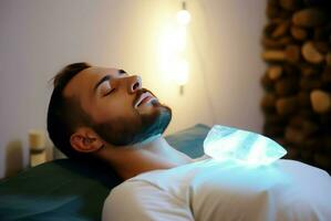 Man during crystal healing session. Generate Ai photo