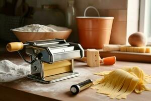 Pasta maker with dough and products. Generate Ai photo