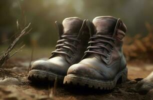 Leather dirty hiking boots on ground. Generate Ai photo