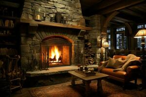 Luxurious Cozy interior fireplace room. Generate Ai photo