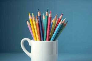 Colorful sharp pencils in white mug. Generate ai photo