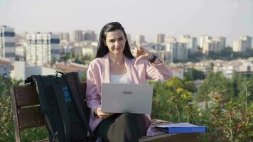 Businesswoman making negative gesture to camera. video