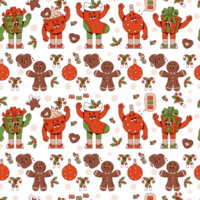 Groovy Hippie Retro Christmas festive seamless pattern with cartoon characters png