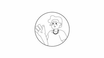 Senior mexican lady saying hi hello black and white 2D avatar animation. Goodbye happy elderly latina outline cartoon 4K video, alpha channel. Non verbal acknowledge female animated portrait isolated video