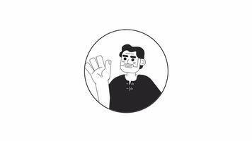 Hispanic old man waving hand greeting black and white 2D avatar animation. Handwave bearded elderly mexican guy outline cartoon 4K video, alpha channel. Welcome gesturing animated portrait isolated video