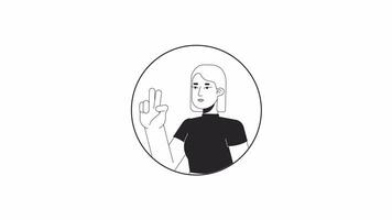 Peace sign girl european bw outline 2D avatar animation. Victorious female monochrome linear cartoon 4K video, alpha channel. Selfie taking. Gesturing two fingers up animated portrait isolated video