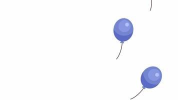 volador arriba azul globos en Derecha lado 2d objetos animación. hito cumpleaños celebrando plano dibujos animados 4k video, transparente alfa canal. inflable decoración animado elementos en blanco antecedentes video