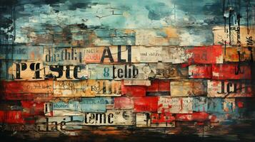 Generative AI, random collage of paper pieces and words, painted wall, street graffiti grunge style photo