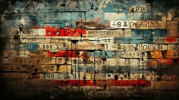 Generative AI, random collage of paper pieces and words, painted wall, street graffiti grunge style photo