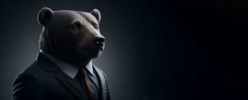 Portrait of Humanoid Anthropomorphic Bear Wearing Businessman Suit in Black Background for Copy Space Banner AI Generative photo