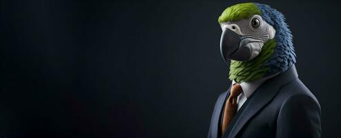 Portrait of Humanoid Anthropomorphic Parrot Bird Wearing Businessman Suit in Black Background for Copy Space Banner AI Generative photo