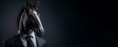 Portrait of Humanoid Anthropomorphic Horse Wearing Businessman Suit in Black Background for Copy Space Banner AI Generative photo