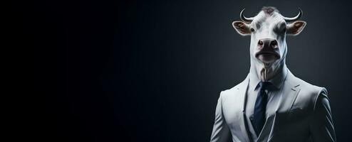 Portrait of Humanoid Anthropomorphic White Cow Wearing Businessman Suit in Black Background for Copy Space Banner AI Generative photo