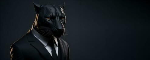 Portrait of Humanoid Anthropomorphic Black Panther Wearing Businessman Suit in Black Background for Copy Space Banner AI Generative photo