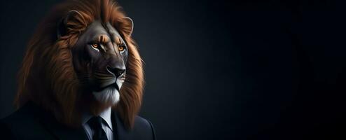 Portrait of Humanoid Anthropomorphic Lion Wearing Businessman Boss Suit in Black Background for Copy Space Banner AI Generative photo