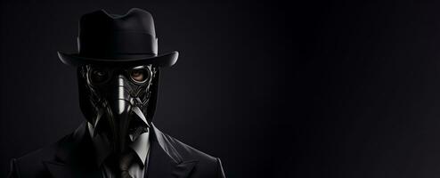 retrato de un hombre vistiendo modernizado médico Plaga máscara y empresario traje en negro antecedentes para Copiar espacio bandera ai generativo foto