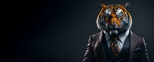 Portrait of Humanoid Anthropomorphic Tiger Wearing Businessman Suit in Black Background for Copy Space Banner AI Generative photo