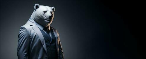 retrato de humanoide antropomórfico blanco polar oso vistiendo empresario traje en negro antecedentes para Copiar espacio bandera ai generativo foto
