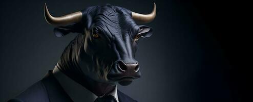 Portrait of Humanoid Anthropomorphic Black Bull Wearing Businessman Suit in Black Background for Copy Space Banner AI Generative photo