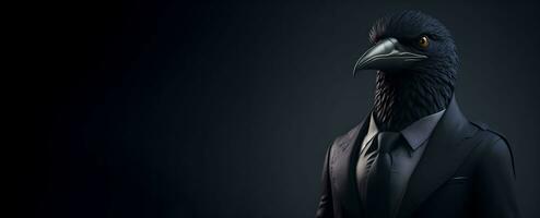 Portrait of Humanoid Anthropomorphic Black Crow Wearing Businessman Suit in Black Background for Copy Space Banner AI Generative photo